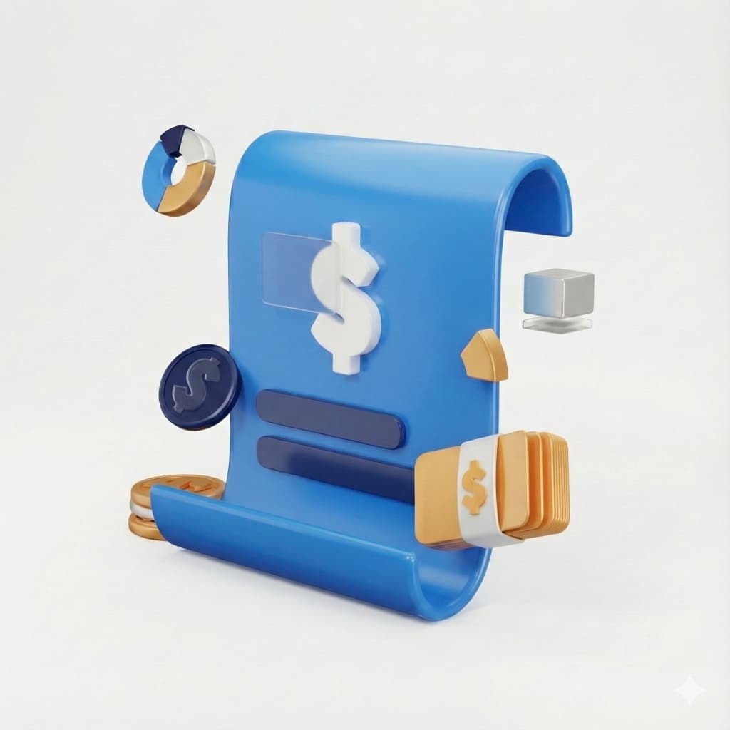 Ilustración 3D de factura y proceso de cobro simplificado